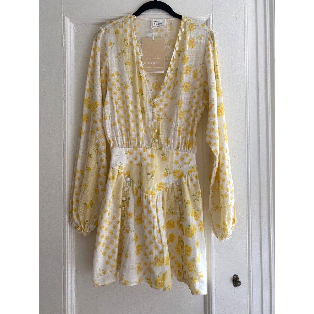 Sabo Skirt Yumi Mini Dress XS Yellow Floral Cotton Long Puff Sleeve NWT Bohemian
